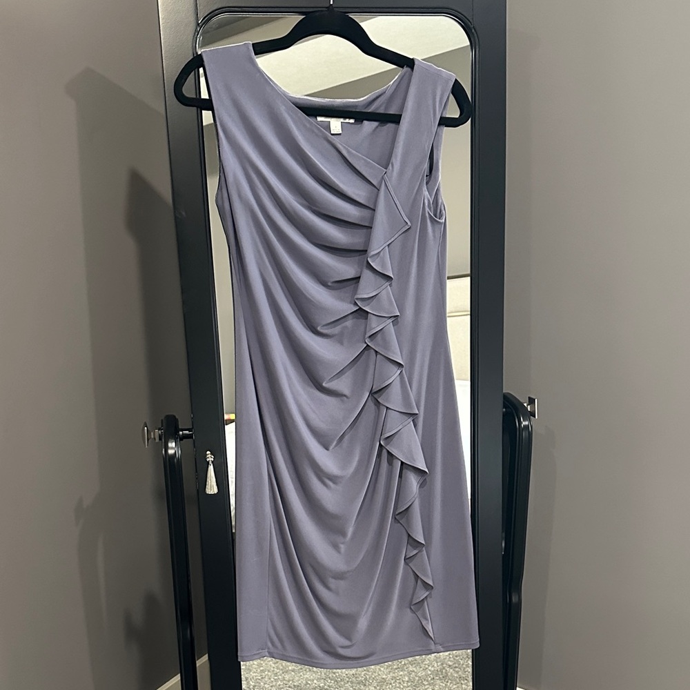 Dressbarn Asymmetrical Sleeveless Ruffle Dress in Gray, Size 4